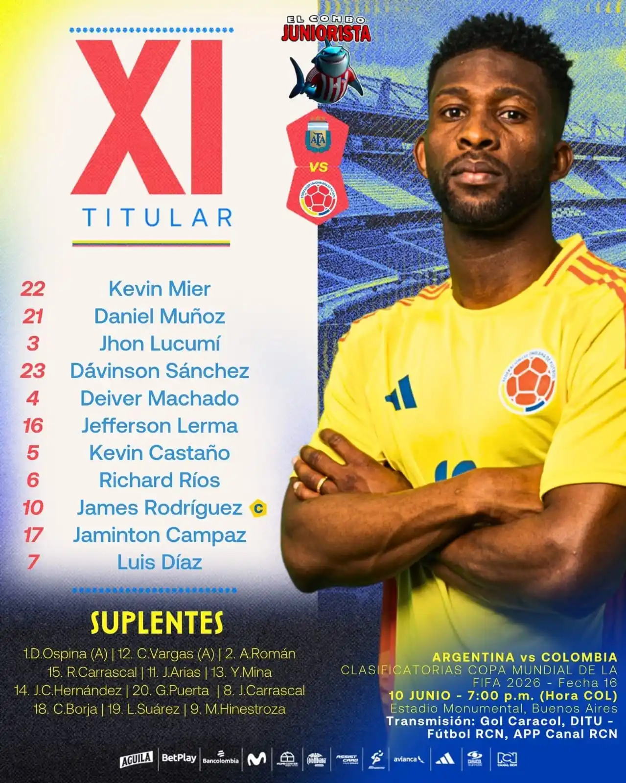 Image from El Combo Juniorista 💪🏻🦈🇦🇹♥️: 🚨 𝗧𝗜𝗧𝗨𝗟𝗔𝗥 Así formaremos para enfrentar a 🇦🇷 por las Clasif...