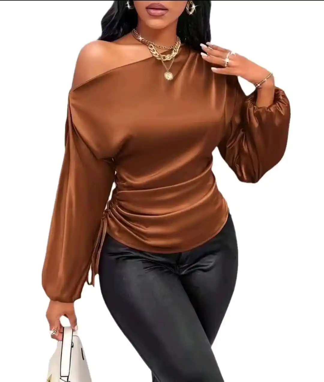 Image from Ali Online Deals: Trendy Slant Shoulder Long Sleeve Blouse – UGX 55,915Winter Elegance M...