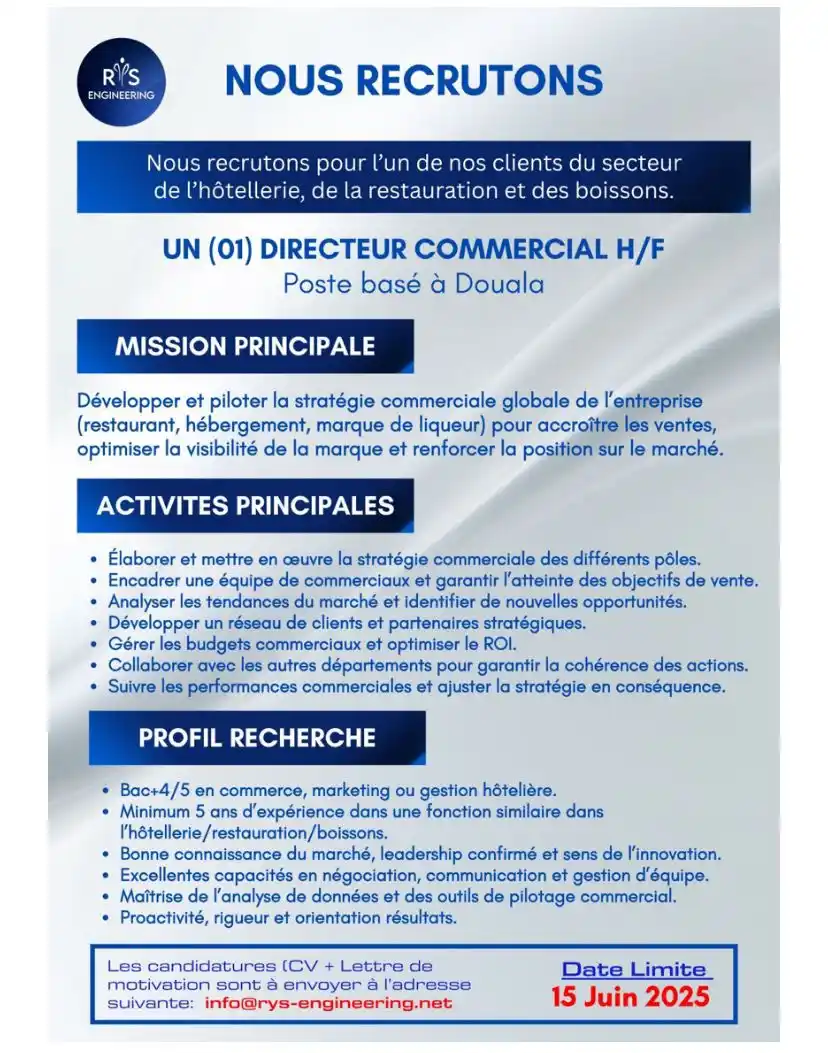 Image from Arch Africa Careers (#AAC): Une entreprise du secteur de l’hôtellerie et des boissons recherche un...