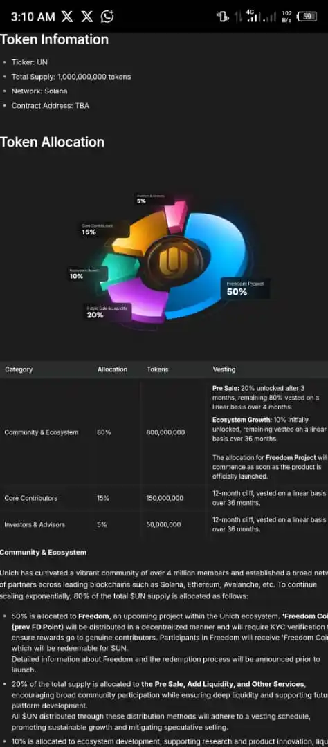 Image from Airdrop Updates 🌾🌱🍒🍓: *UNICH TOKENOMICS & UTILITIES* *1.* *$UN token is designed as the cor...
