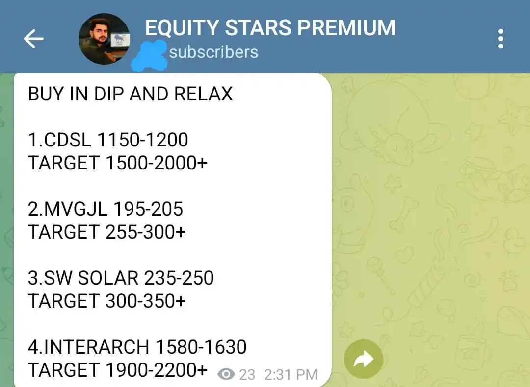 Image from EQUITY STARS: 1. CDSL 1150 TO 1746 :- 52% RETURN 🤑🤑 2. MVGJL 195 TO 279 :- 43% RET...