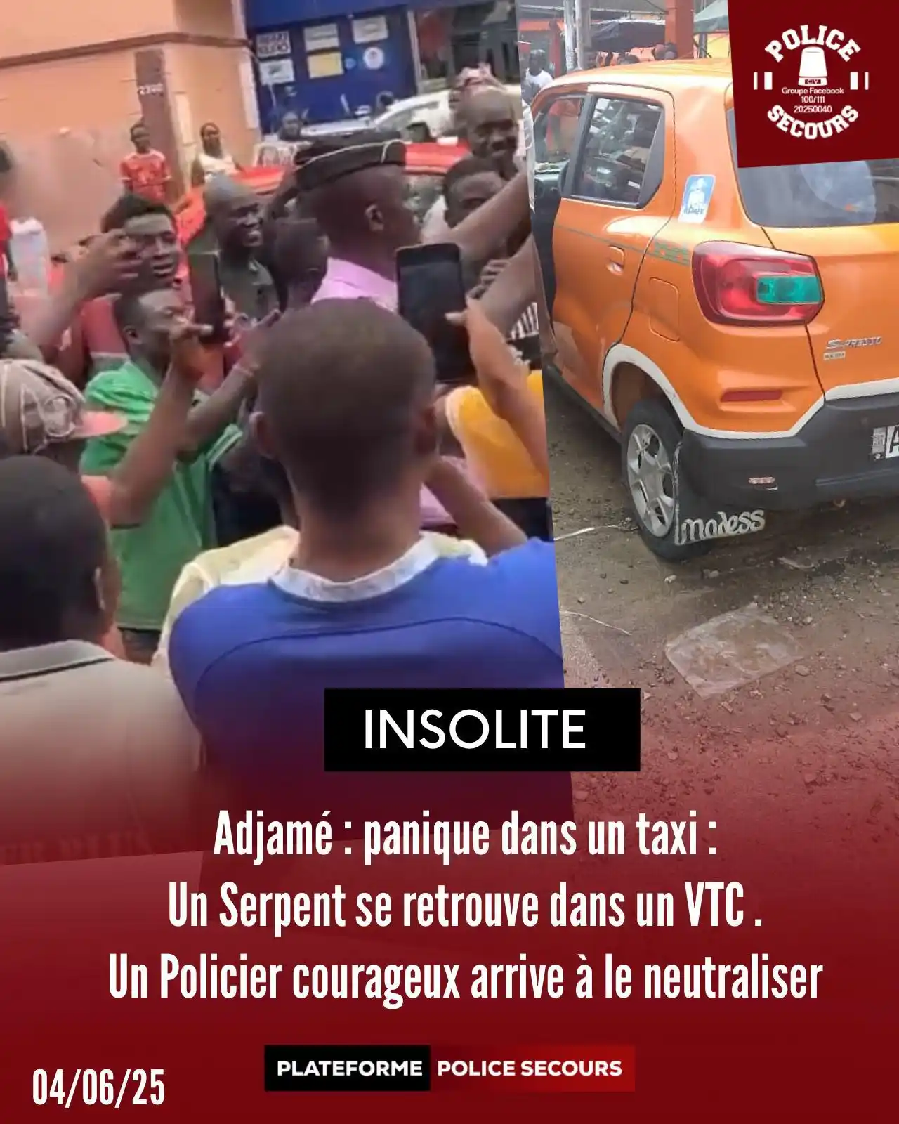 Image from POLICE SECOURS: 🔴 Adjamé : Un serpent dans un taxi… sauvé par un agent URC d’Adjamé ....