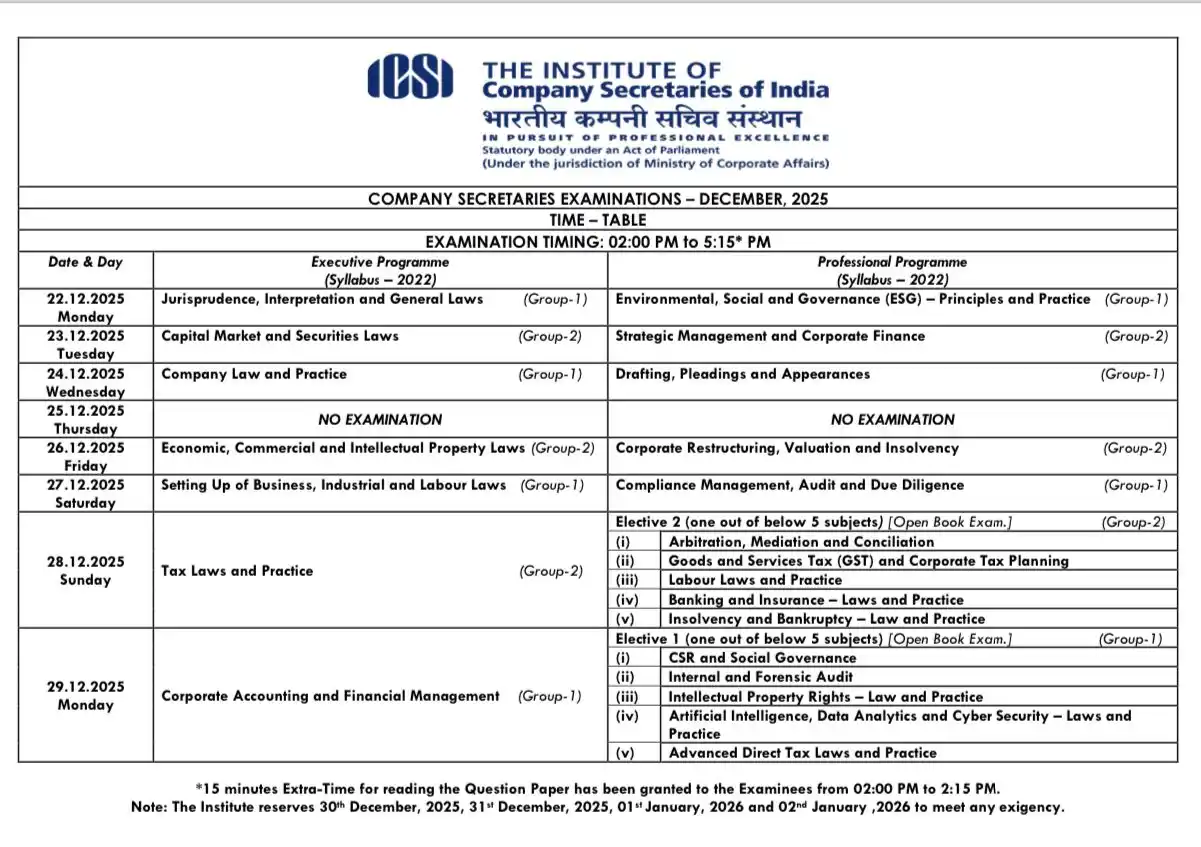 Image from CA Vikas Gowda: CS Executive and Professional Dec’2025 Exams Timetable...