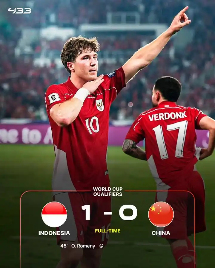 Image from MUFC INDONESIA🇮🇩🇲🇨: FT' Indonesia 🇮🇩 1 - 0 🇨🇳 China Goal: Ole Romeny 44' (p) MENAAAAN...