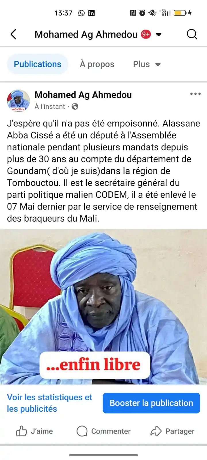 Image from Le Méhari Post de Mohamed AG Ahmedou du MTRM: J'espère qu'il n'a pas été empoisonné. Alassane Abba Cissé a été un dé...