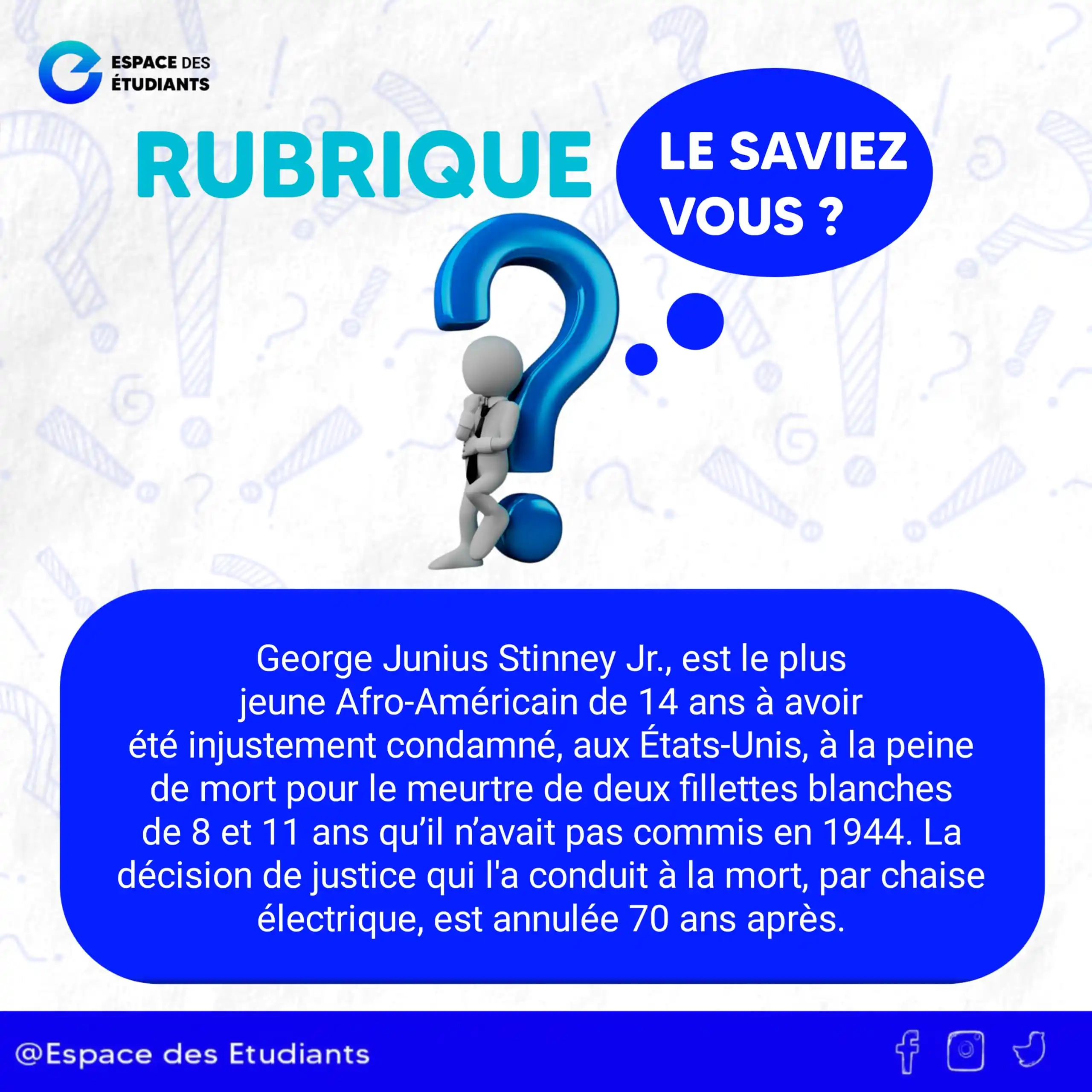 Image from Espace des Étudiants (EE) 🎊💡📚🕯: Les faits remontent à1944. George Junius Stinney Jr. n'a alors que 14 ...