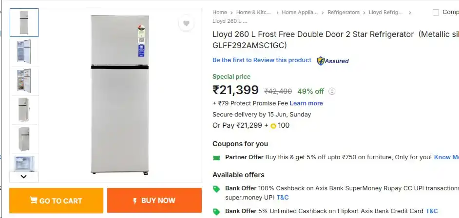 Image from Flipkart Loot Deals ✅: Lloyd 260 L Frost Free Double Door 2 Star Refrigerator @ ₹18,149 🔗ht...