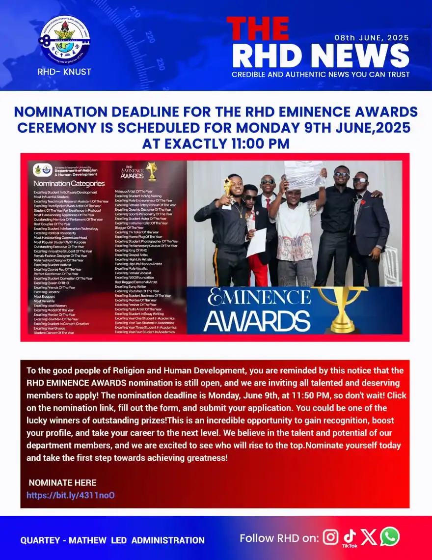 Image from VOICE OF RHD_KNUST🔉: 🚨🚨🚨🚨🚨🚨🚨🚨🚨 🟰🟰🟰🟰🟰🟰🟰🟰🟰 *NOMINATION DEADLINE : MONDAY 9...