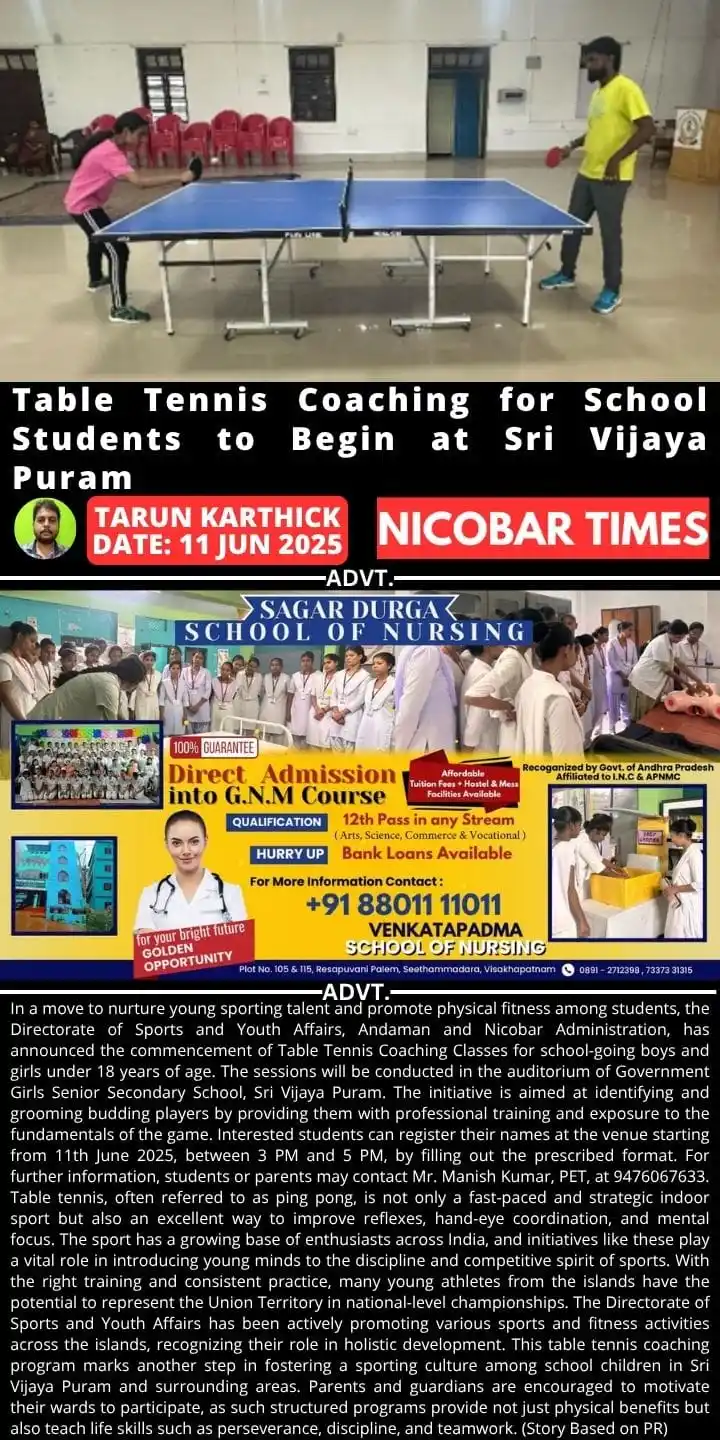 Image from Nicobar Times: *Table Tennis Coaching for School Students to Begin at Sri Vijaya Pura...