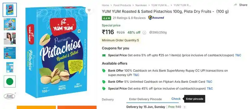 Image from Flipkart Loot Deals ✅: YUM YUM Roasted & Salted Pistachios 100g @ 110 https://fkrtt.in/OP/c...