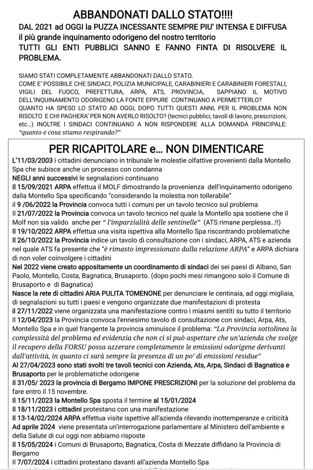 Image from Rete Attivisti Bergamaschi - "BLOCCHIAMO per sempre i nuovi inceneritori ☠️ in progetto in Lombardia": *ABBANDONATI DALLO STATO* _La cronistoria_ delle puzze. Un cittadin...