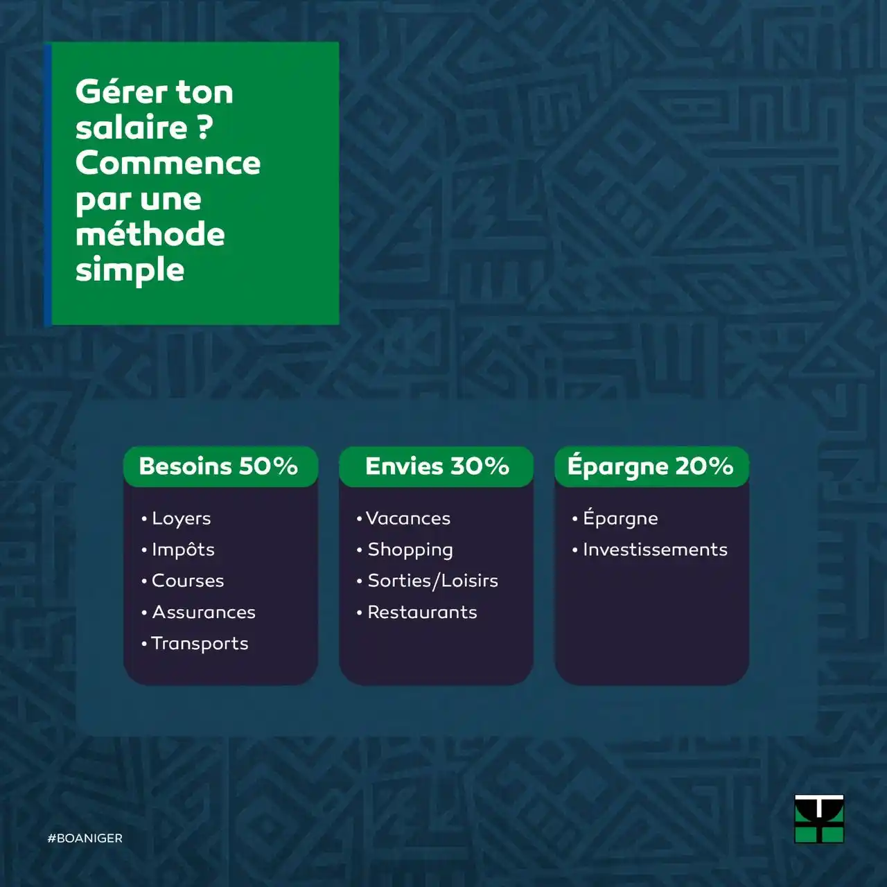 Image from BOA-NIGER Officiel: Bonjour à tous, Gérer son salaire, c’est tout un art Et si tu avais...