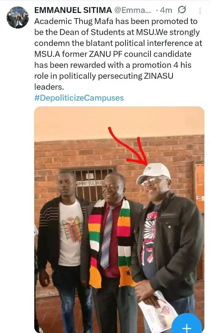 Image from Change Radio : *_Emmanuel Sitima:_* > Academic Thug Mafa has been promoted to be the...