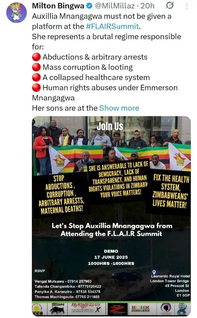Image from Change Radio : *_Milton Bingwa:_*  Auxillia Mnangagwa must not be given a platform at...