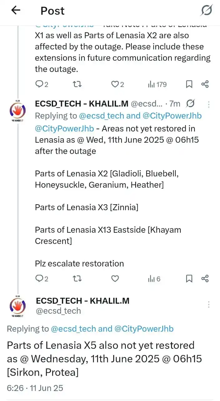 Image from [KM] - Khalil Mohamed Channel: @CityPowerJhb - Areas not yet restored in Lenasia as @ Wed, 11th June ...