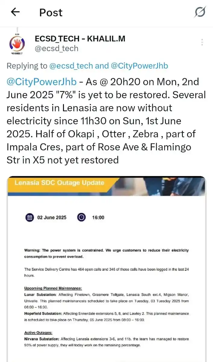 Image from [KM] - Khalil Mohamed Channel: @CityPowerJhb - As @ 20h20 on Mon, 2nd June 2025 "7%" is yet to be res...