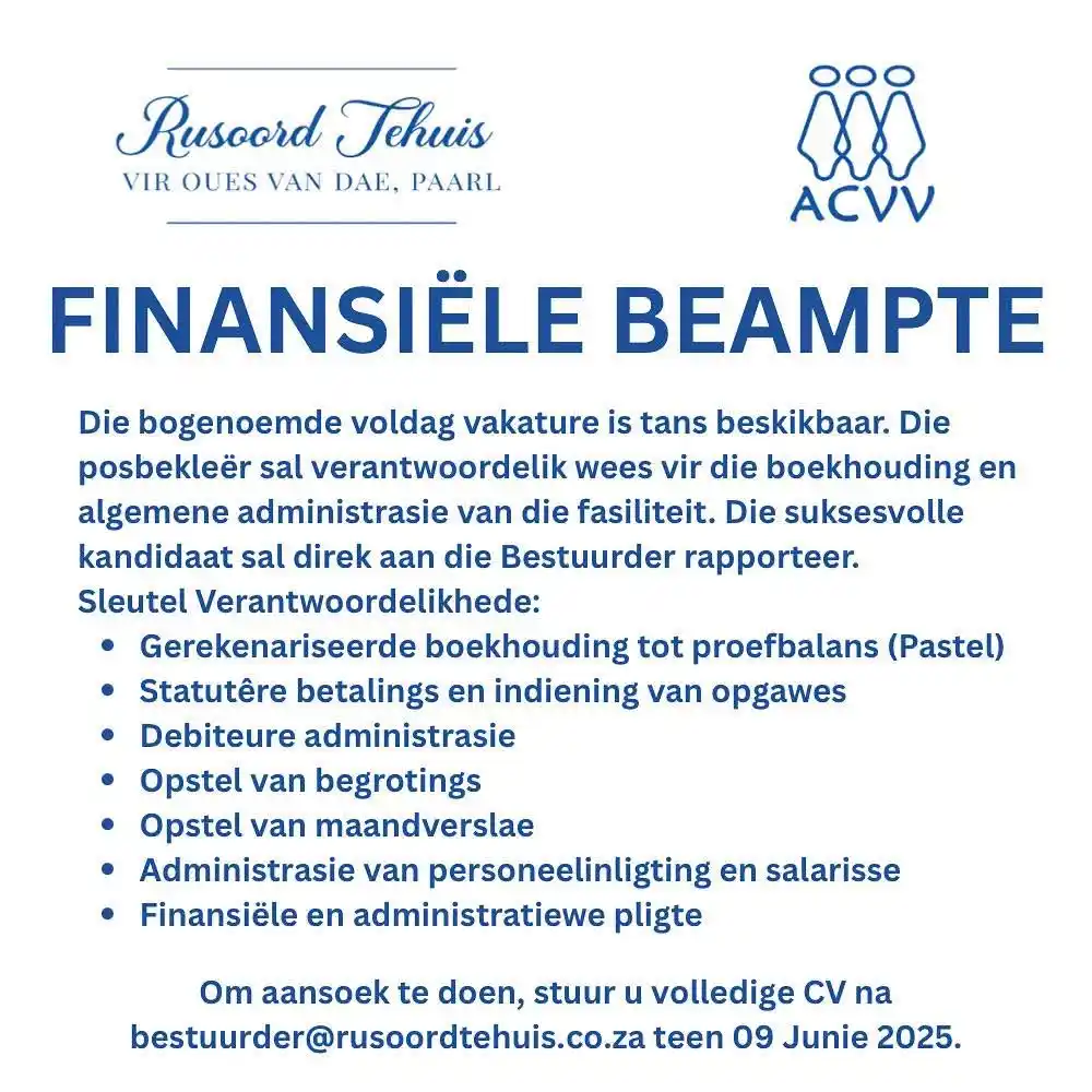 Image from ⭐ LoWaro_Recruitment Shared Vacancies ⭐: Cape FINANSIËLE BEAMPTE Die bogenoemde voldag vakature is tans besk...
