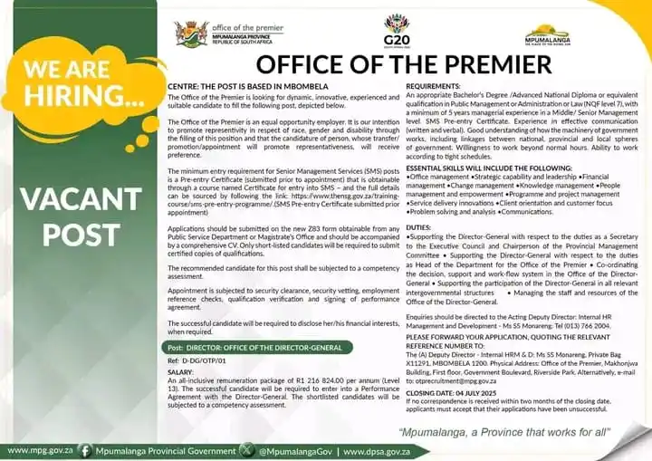 Image from ⭐ LoWaro_Recruitment Shared Vacancies ⭐: Mpumalanga 📢The Office of the Premier in Mpumalanga is hiring!📢 ⏳...