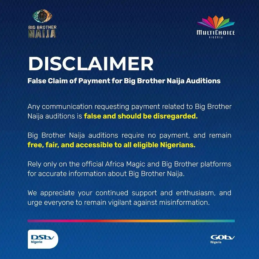 Image from GOtv Nigeria: Please beware: Big Brother Naija auditions are completely free. Ignore...