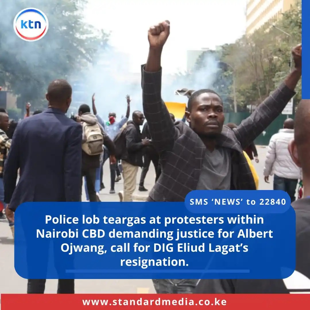 Image from KTN News: Police lob teargas at protesters within Nairobi CBD demanding justice ...