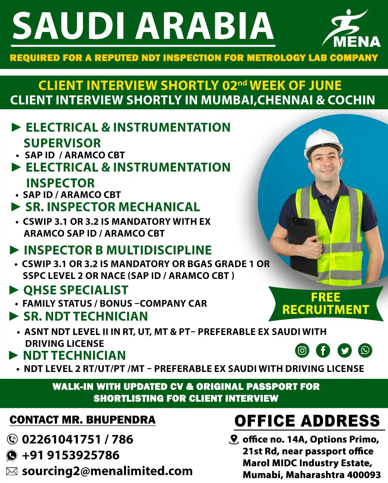 Image from MENA SUPPORT SERVICE LIMITED: 🇸🇦 SAUDI ARABIA – URGENT REQUIREMENT 🔍 For a Reputed NDT Inspection...
