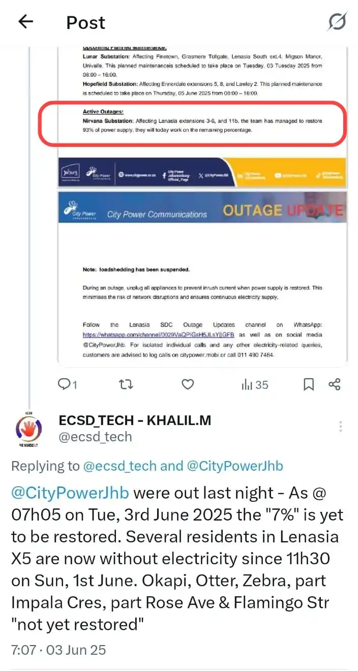 Image from [KM] - Khalil Mohamed Channel: *Tweeted by @ecsd_tech on Tuesday, 3rd June 2025 @ 07h07*  @CityPowerJ...
