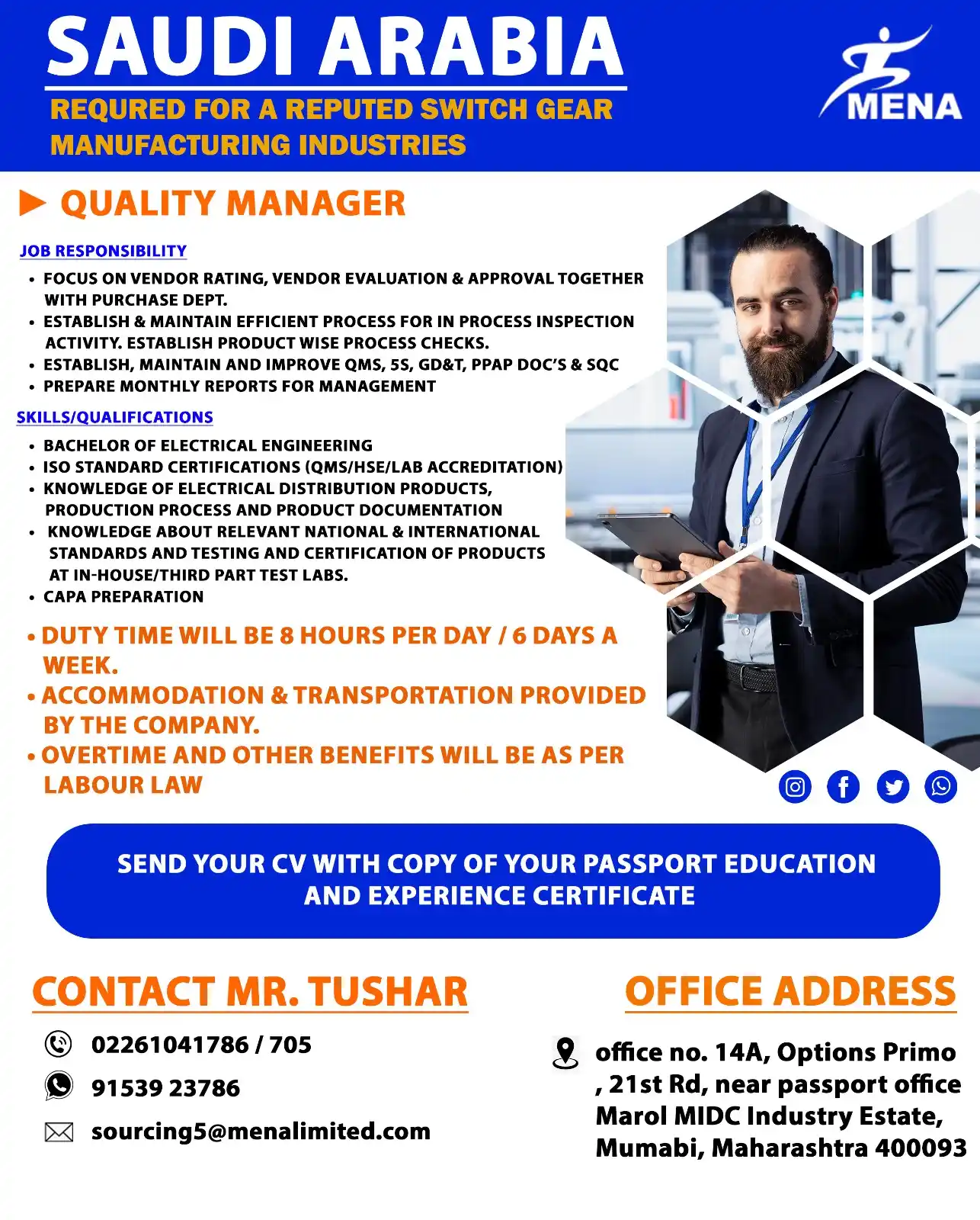 Image from MENA SUPPORT SERVICE LIMITED: 📢 URGENT HIRING – SAUDI ARABIA 🇸🇦 Join a reputed switchgear manufac...