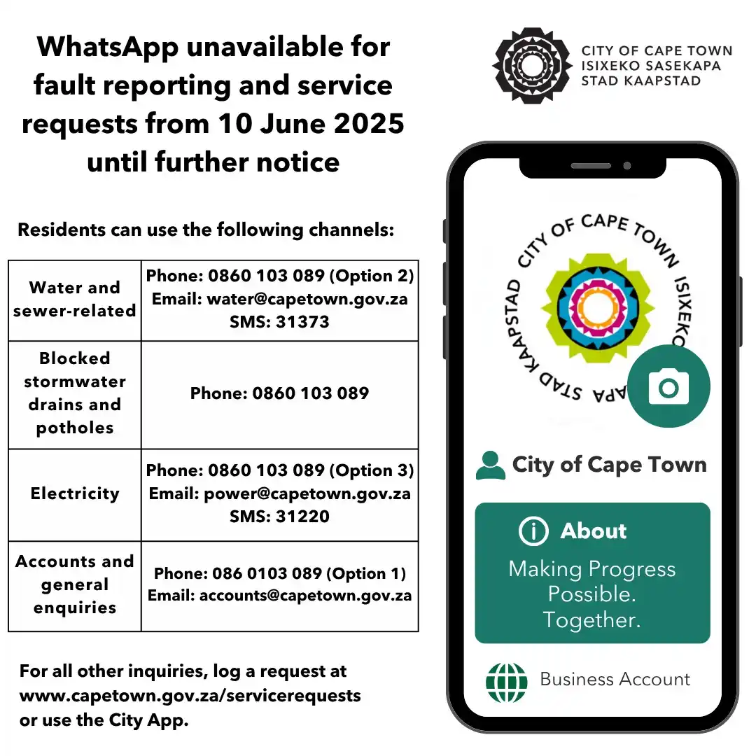 Image from City of Cape Town: URGENT REMINDER WhatsApp unavailable for fault reporting and servic...