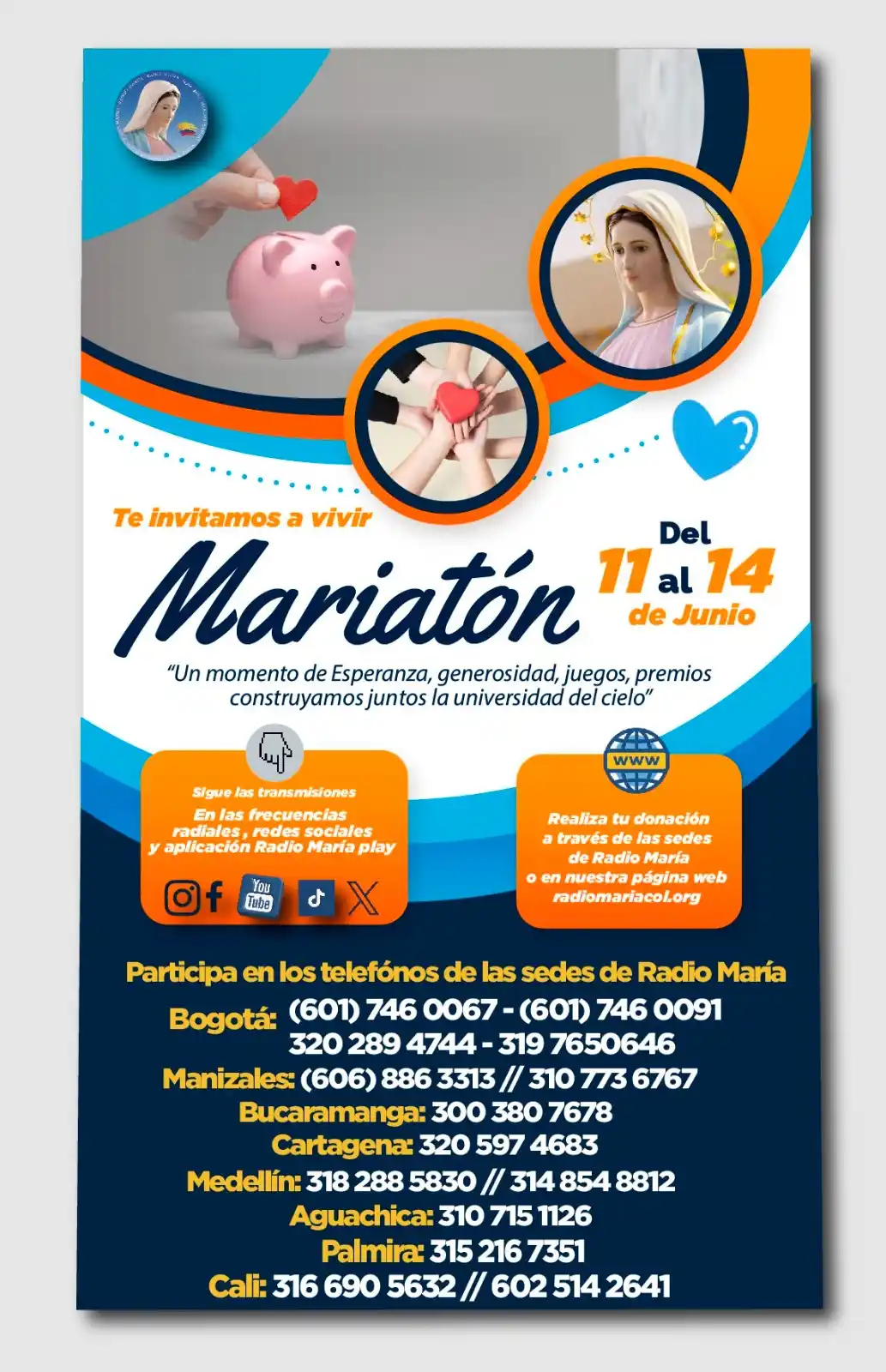 Image from Canal Radio María Colombia: 🆘 Atención, este miércoles inicia *Mariatón de Radio María Colombia* ...