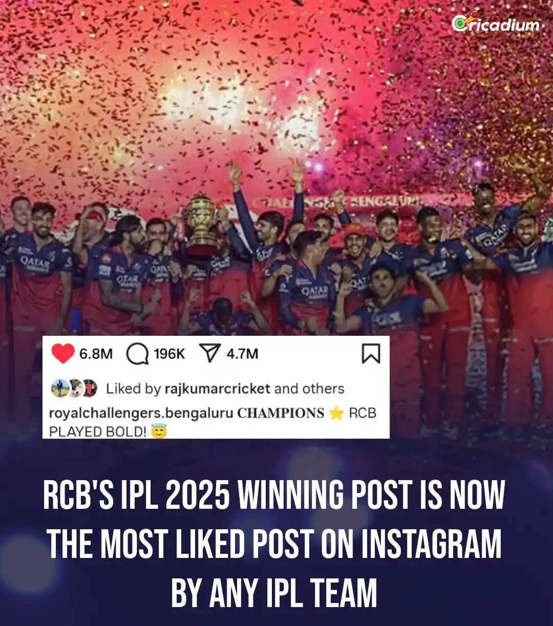 Image from Cricadium🏏: BREAKING 🚨 RCB’s IPL 2025 Winning Post is now the MOST LIKED Instagra...