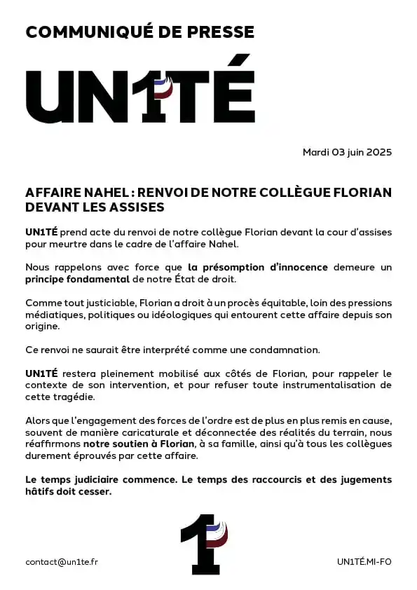 Image from UN1TÉ: COMMUNIQUÉ DE PRESSE Affaire Nahel : renvoi de notre collègue Floria...