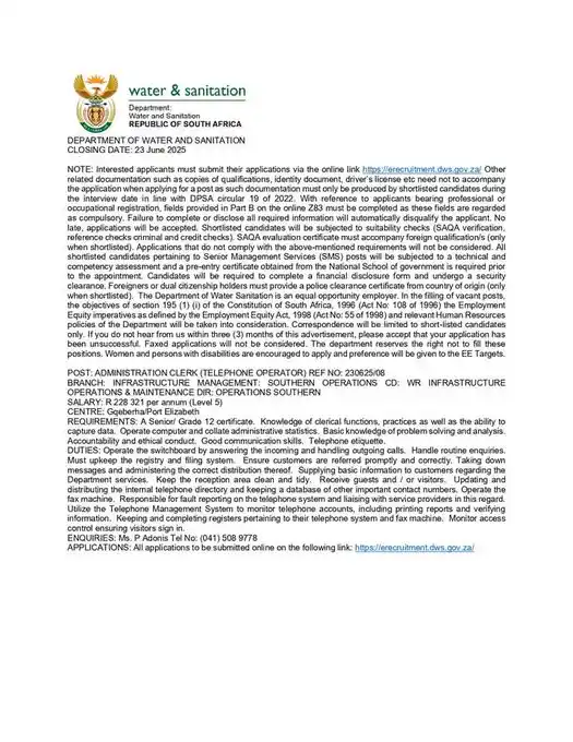 Image from FindSAjobs & Learnerships: Department of Water and Sanitation is hiring! 📌Administration Clerk ...