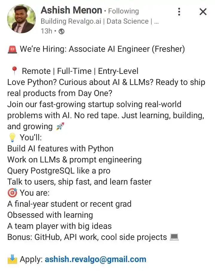 Image from Data Commence ✅: Freshers hiring for AI engineer even if your in final year also eligib...