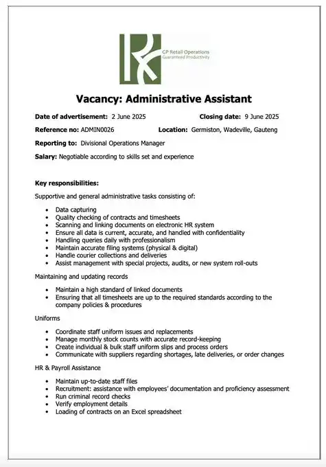 Image from FindSAjobs & Learnerships: GP Retail Operations is hiring a Administrative Assistant in Germiston...