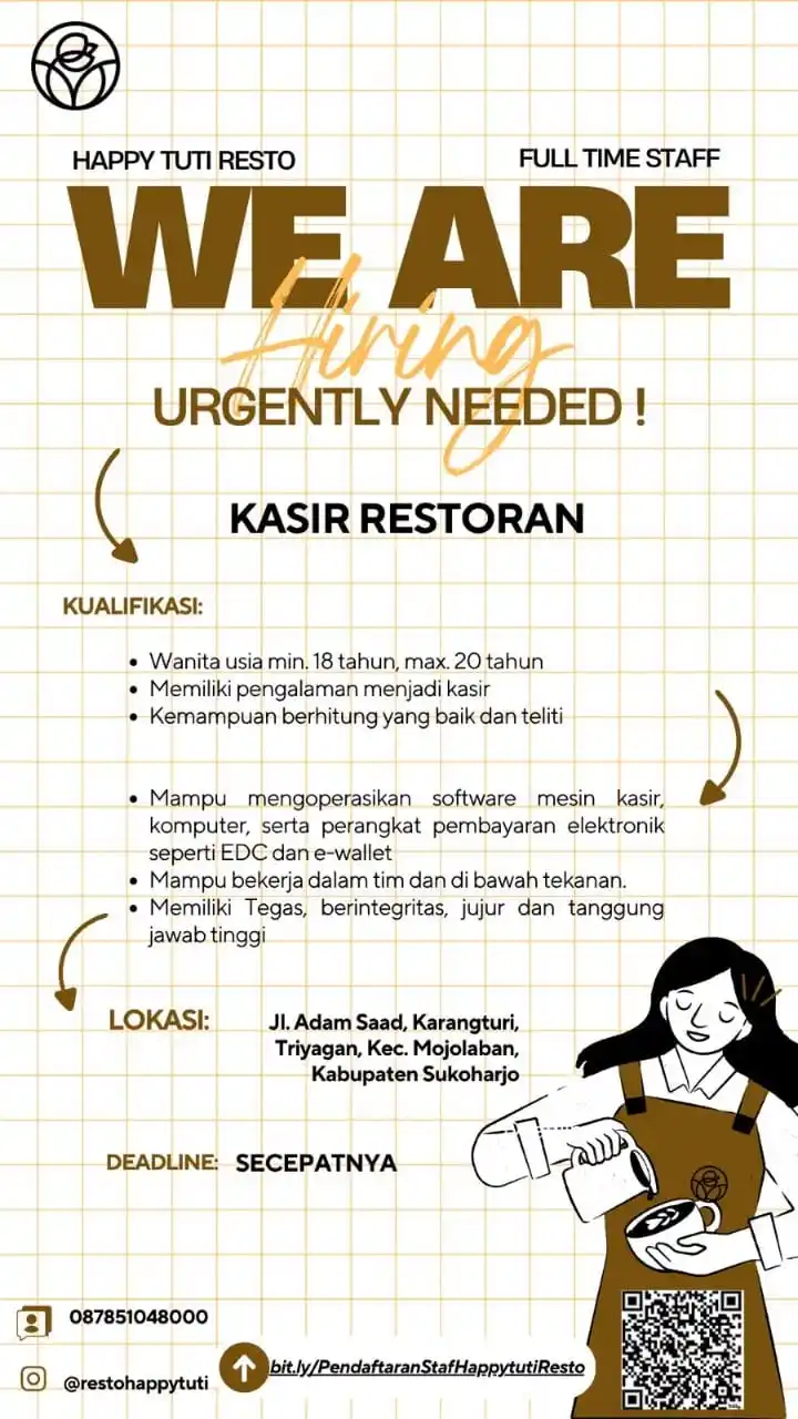 Image from Info Loker Solo Surakarta (Official): HAPPY TUTI RESTO FULL TIME STAFF Dibutuhkan segera KASIR RESTORAN I...