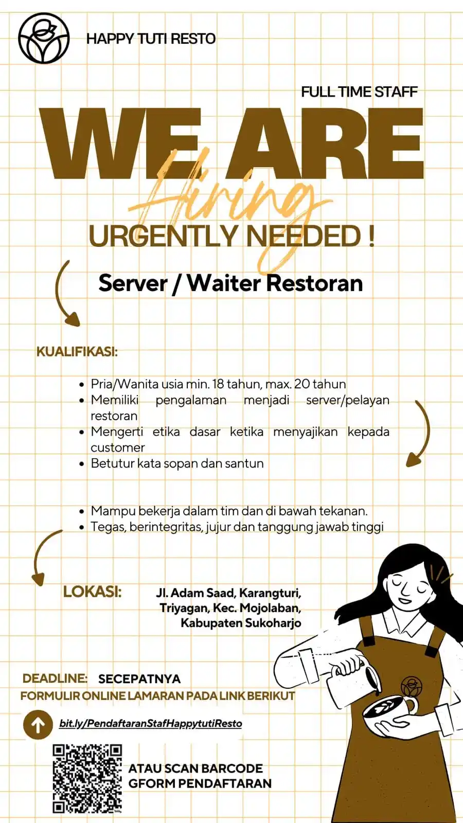 Image from Info Loker Solo Surakarta (Official): HAPPY TUTI RESTO FULL TIME STAFF URGENTLY NEEDED! Server/Waiter Resto...