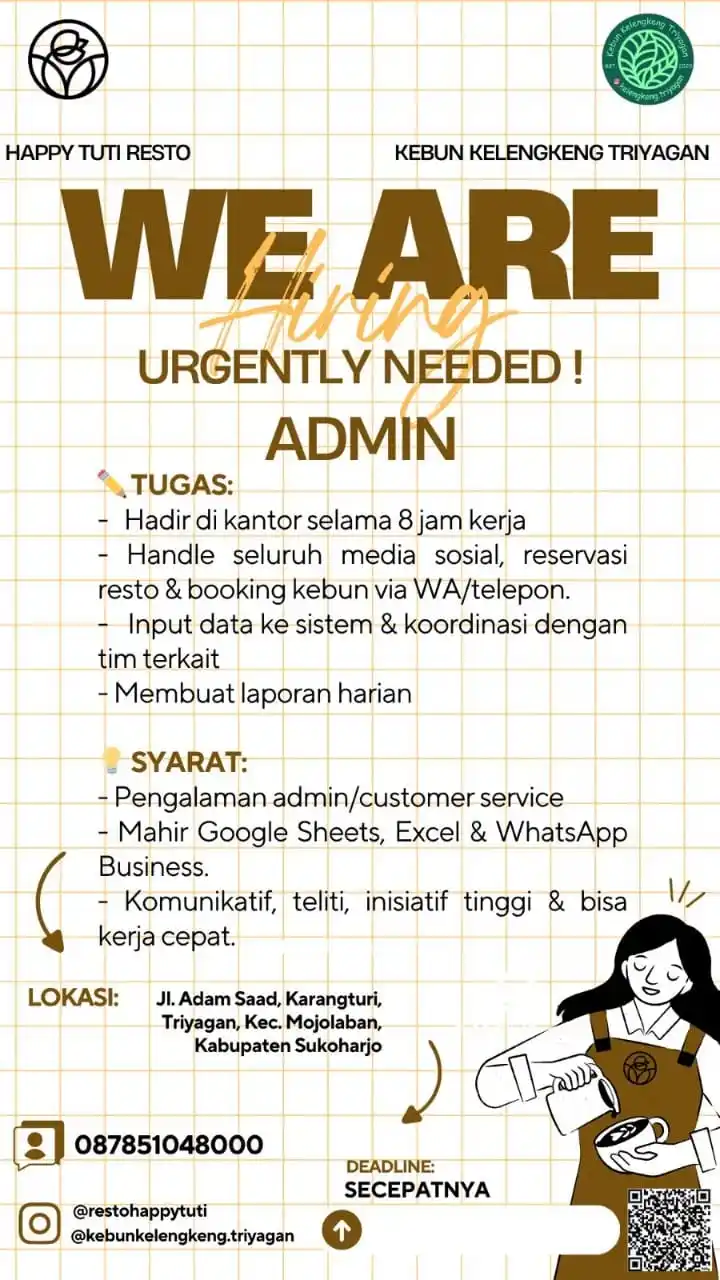 Image from Info Loker Solo Surakarta (Official): HAPPY TUTI RESTO KEBUN KELENGKENG TRIYAGAN Dibutuhkan segera ADMIN ...