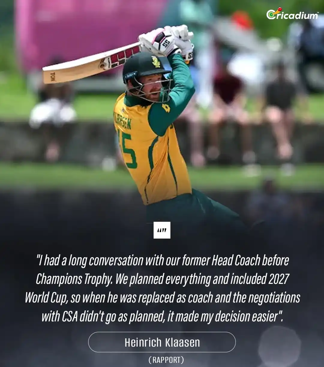 Image from Cricadium🏏: Heinrich Klaasen opens up: 🎙️ "I had a long conversation with our for...