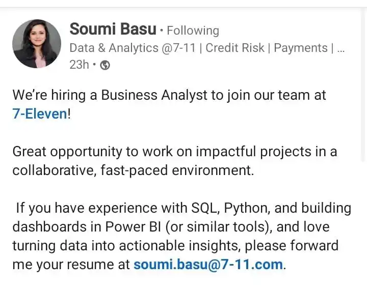 Image from Data Commence ✅: Hiring for business analyst at 7 eleven https://www.linkedin.com/post...