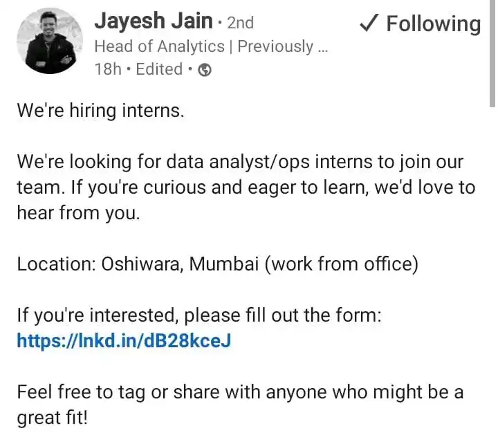 Image from Data Commence ✅: Hiring for data analyst intern https://www.linkedin.com/posts/jayesh-...