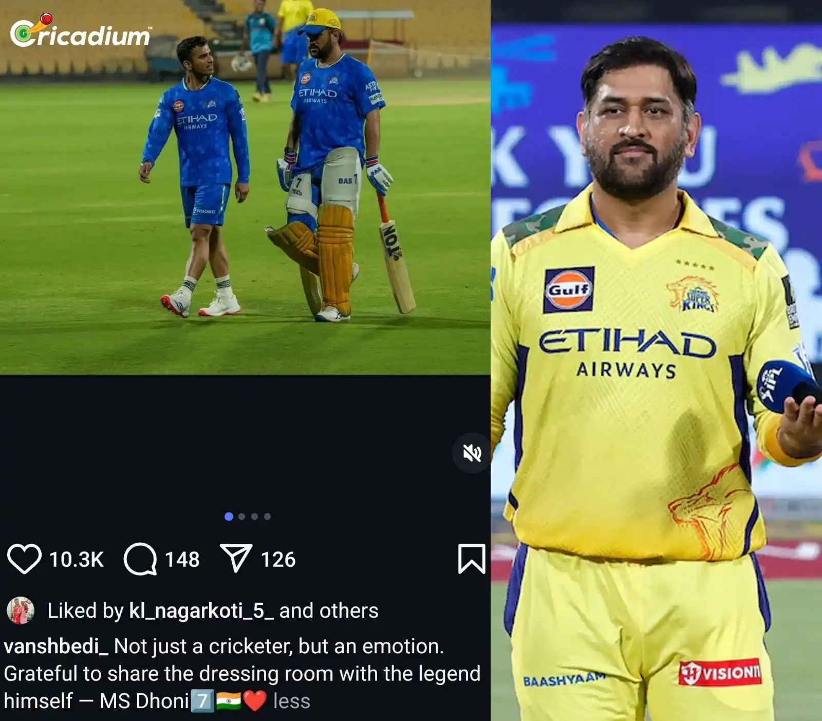 Image from Cricadium🏏: Instagram post by Vansh Bedi for MS Dhoni 💛   <a class="text-blue-500...
