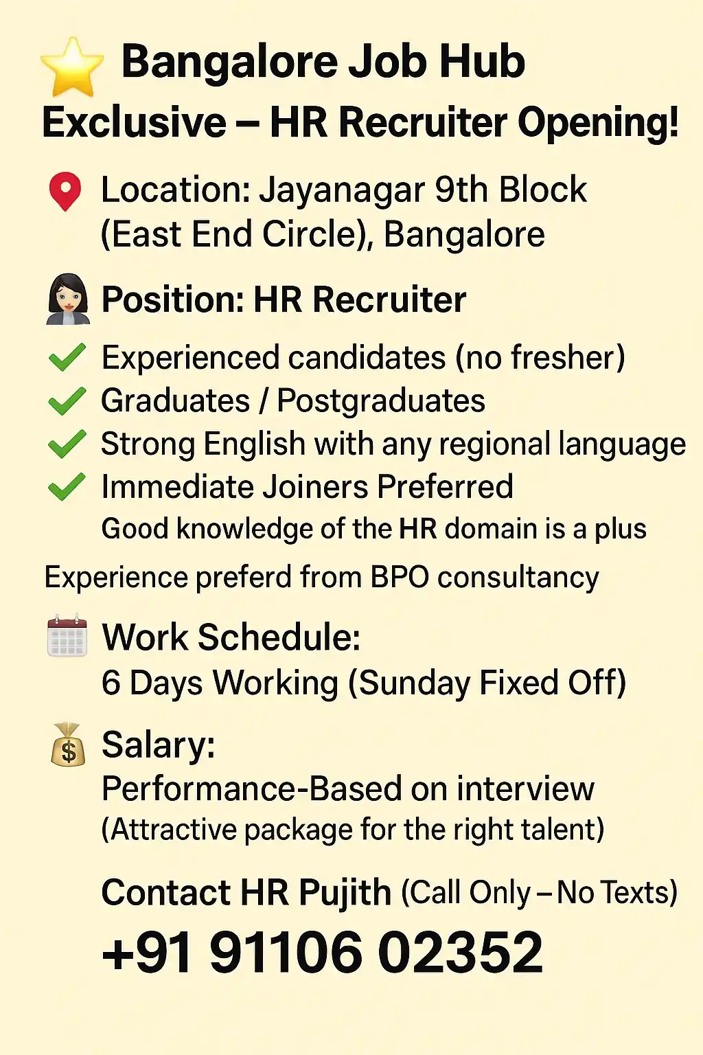 Image from Bangalore Job Hub💥 (BPO Job Placement) Jobs In Bangalore Jayanagar 9th Block Bengaluru ☑️☑️: 🚀 Join the Talent Revolution – Be the HR Recruiter Who Shapes Futures...