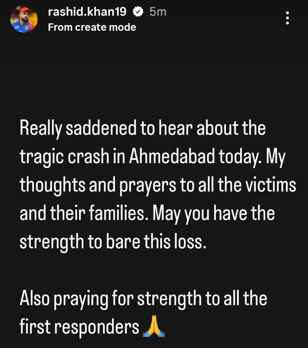 Image from Cricadium🏏: Rashid Khan's Instagram story on the Ahmedabad plane crash. <a class=...