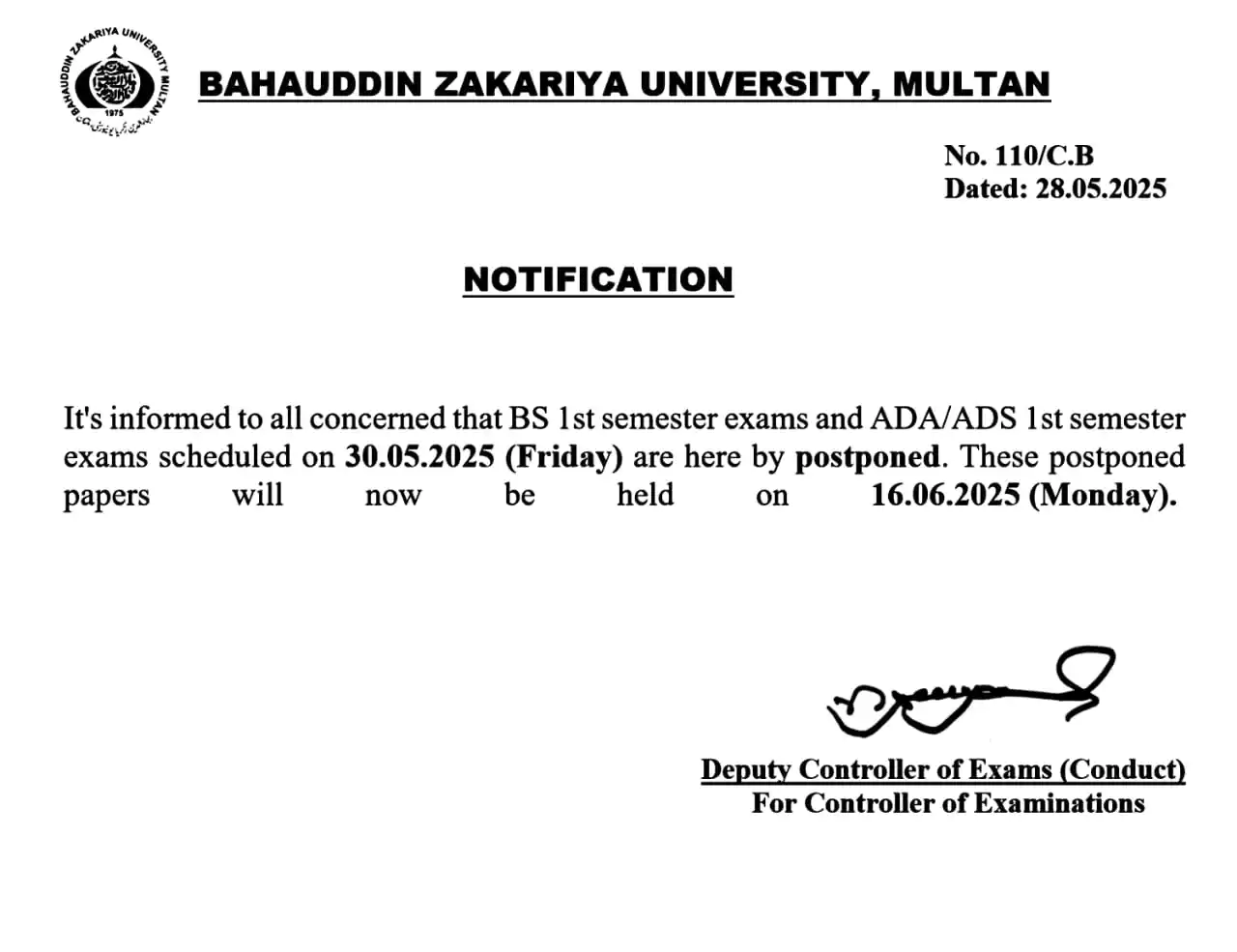 Image from BZU affiliated colleges related queries: *Resharing* *30 مئ کو اے ڈی اے اے ڈی ایس اور بی ایس فرسٹ سمیسٹر کا ...