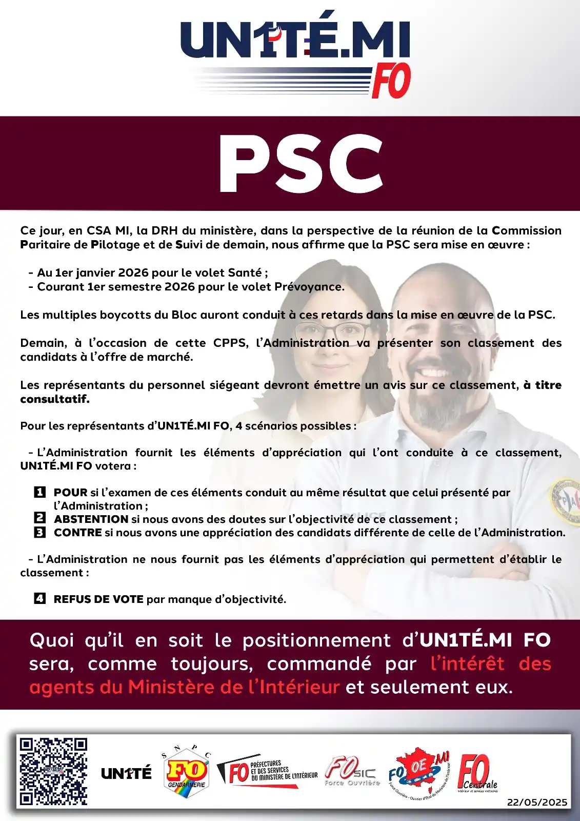 Image from UN1TÉ: 🟦🟥 UN1TÉ.MI FO PSC Ce jour, en CSA MI, la DRH du ministère, dans l...