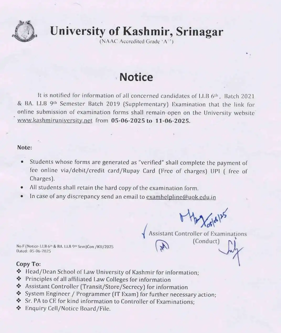 Image from Govt. Orders Only: *BA. LLB Notice*: University of Kashmir *KASHMIR UNIVERSITY* *👇An...