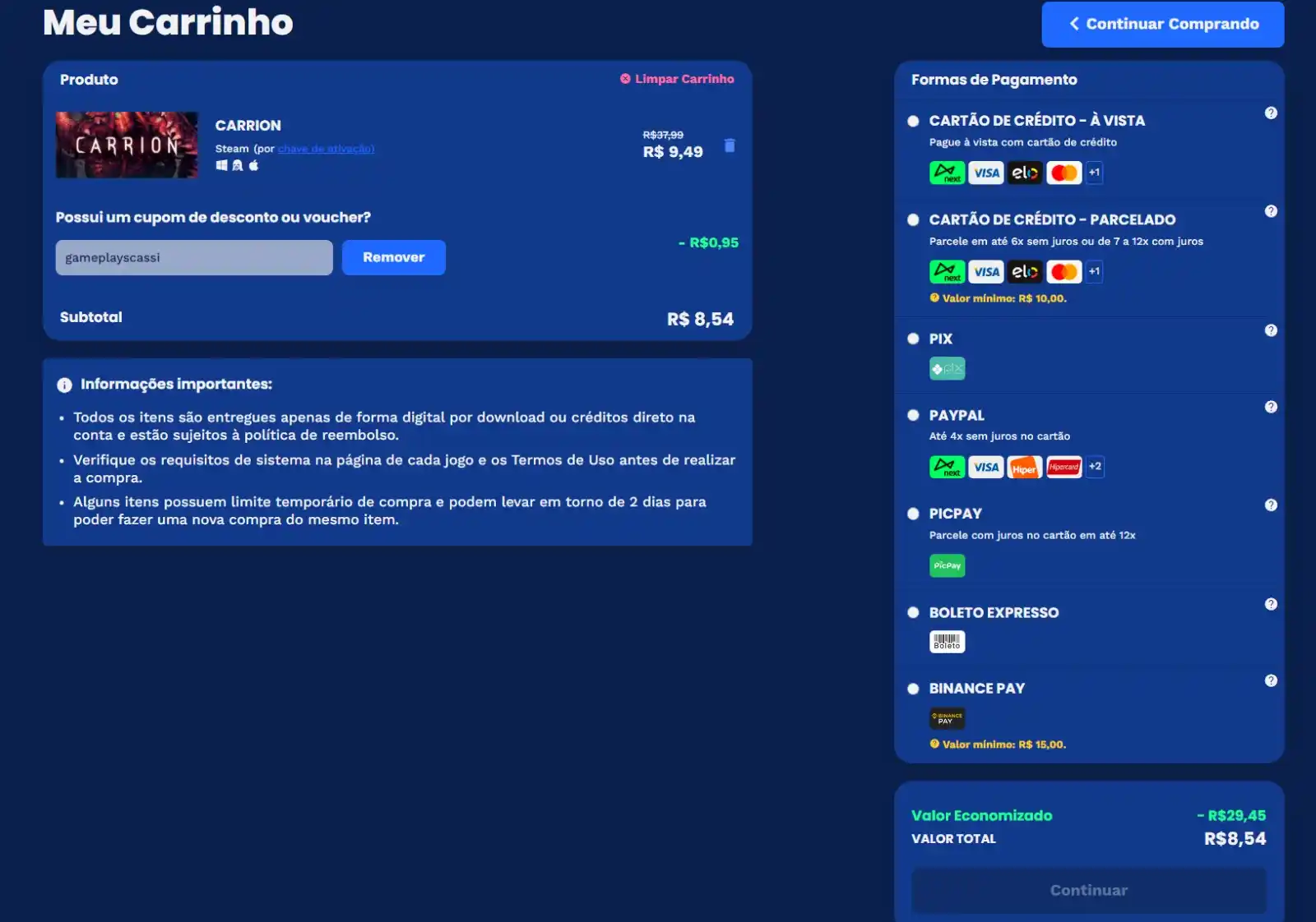 Image from Ofertas - GamePlaysCassi: CARRION por R$ 8,54 na Nuuvem com ativação Steam. Use o cupom GamePla...