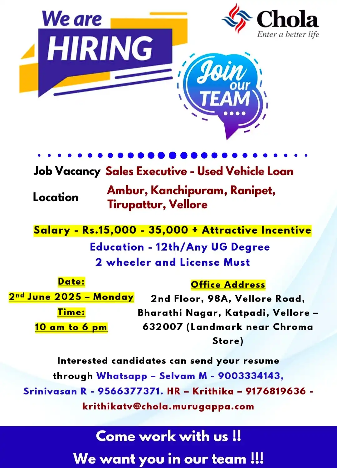 Image from Tiruvannamalai Jobs & Careers: Cholamandalam Finance is hiring 100 vacancies are there, hurry up and ...