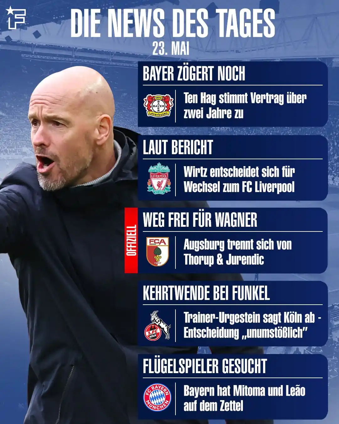 Image from Fussballtransfers.com: 🌜 *FT-Nightwatch* 🇳🇱✅ Ten Hag sagt Bayer zu Erik ten Hag hat eine...