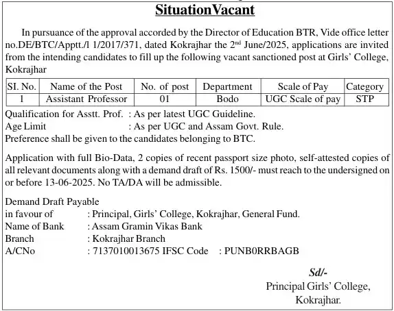Image from BodoPedia: ✅ Girls College Kokrajhar Recruitment 2025 for Assistant Professor ✅ ...